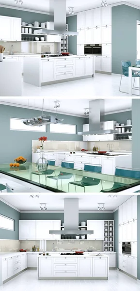 Tres vistas de una cocina moderna con un hermoso diseño — Foto de Stock