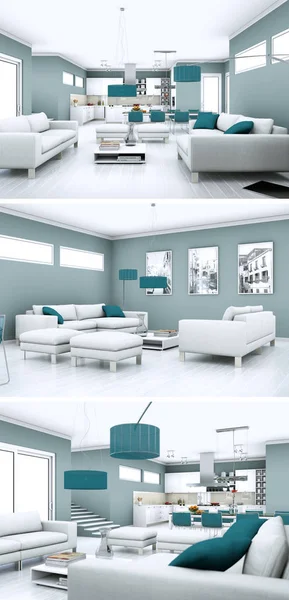 Drie weergaven van moderne interieur loft design — Stockfoto