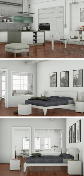 Três vistas do design moderno do loft interior — Fotografia de Stock