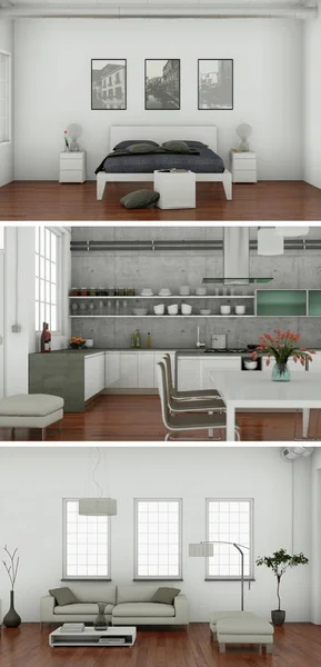 Drie weergaven van moderne interieur loft design — Stockfoto