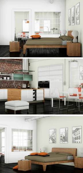 Tre viste del design moderno loft interno — Foto Stock