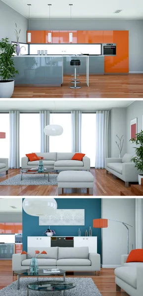 Tres vistas del moderno diseño de loft interior con sofás — Foto de Stock