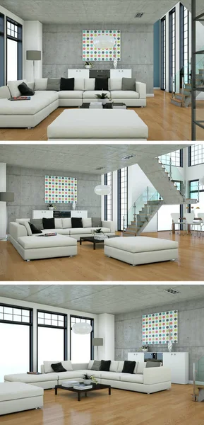 Modern iç üç görüş çatı tasarım kanepeler ile 3d render