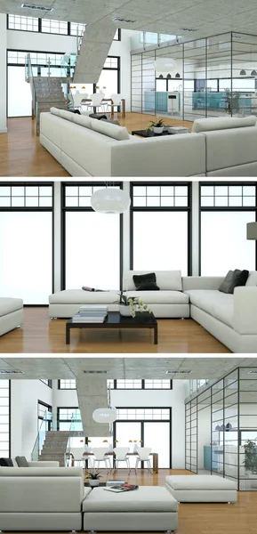 Tres vistas del moderno diseño de loft interior con sofás — Foto de Stock