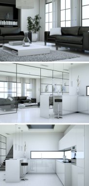 Üç görüş modern iç tasarım kanepeler ile çatı