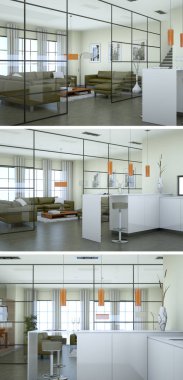 Güzel bir tasarım ile modern bir mutfak, üç kez bakıldı