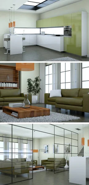 Tiga pandangan modern interior loft desain dengan sofa — Stok Foto