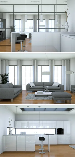 Tři pohledy moderního interiéru patrová konstrukce s pohovkami — Stock fotografie