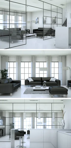 Three views of modern interior loft design with sofas — Stock Photo, Image