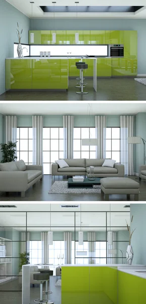 Trzy widoki nowoczesne wnętrza na poddaszu projekt z sofy — Zdjęcie stockowe