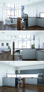 Güzel bir tasarım ile modern bir mutfak, üç kez bakıldı