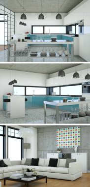 Üç görüş modern iç tasarım kanepeler ile çatı