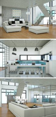 Üç görüş modern iç tasarım kanepeler ile çatı