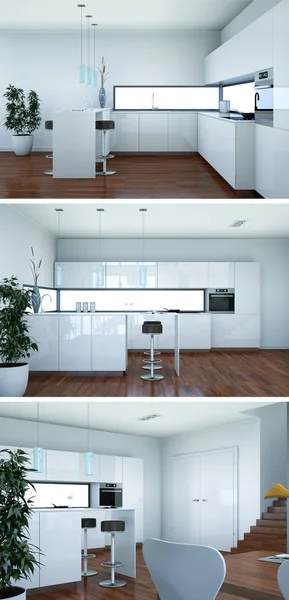 Três vistas de uma cozinha moderna com um belo design — Fotografia de Stock