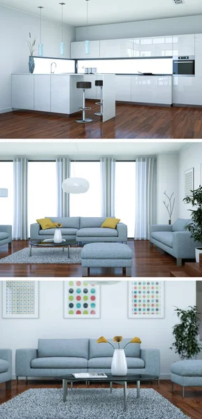 Tři pohledy moderního interiéru patrová konstrukce s pohovkami — Stock fotografie