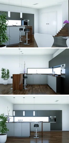 Three views of a modern kitchen with a beautiful design — Stock Photo, Image