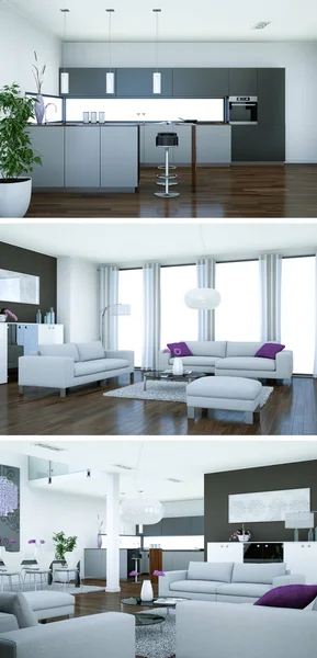 Three views of modern interior loft design with sofas — Stock Photo, Image