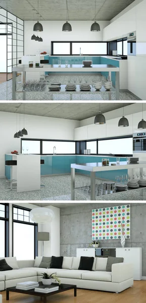 Üç görüş modern iç tasarım kanepeler ile çatı