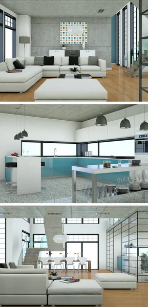 Tre viste del moderno design loft interno con divani — Foto Stock