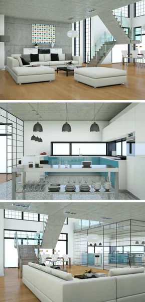 Üç görüş modern iç tasarım kanepeler ile çatı