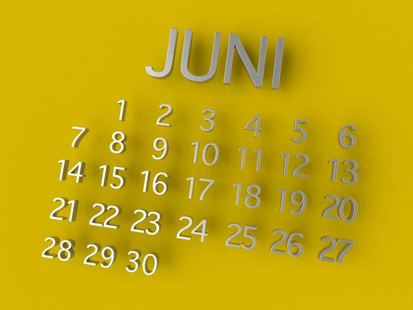 Juni Calender 3D metal sobre fondo amarillo —  Fotos de Stock