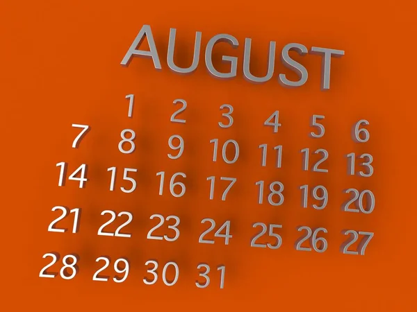 Agosto Calendario 3D metal sobre fondo naranja — Foto de Stock