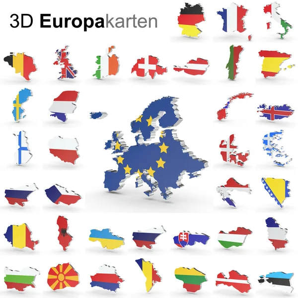 Europie 3d countrie mapy na białym tle na białym tle — Zdjęcie stockowe