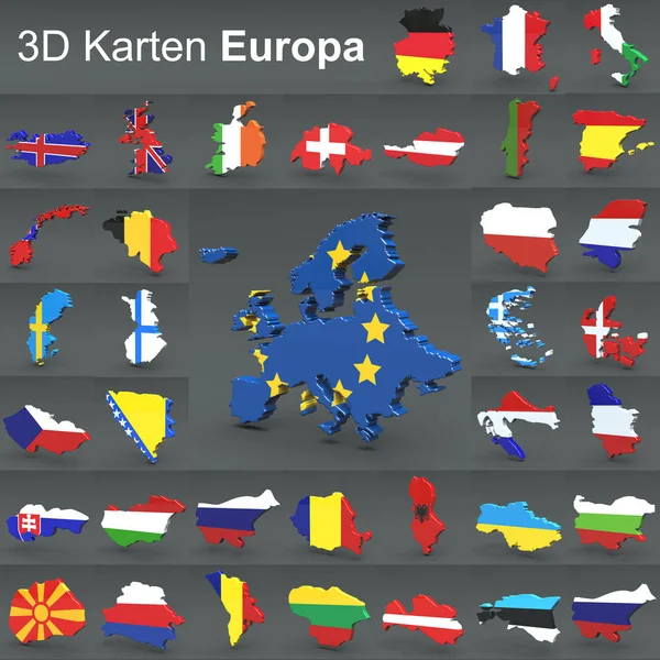 Europe 3D countrie maps isolated on dark background — Stock Photo, Image