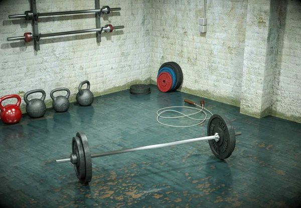 Bir spor salonu zemin üzerinde siyah plakalı halter — Stok fotoğraf