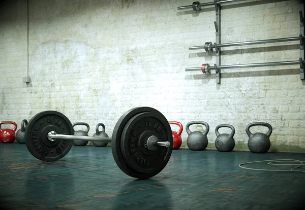 Barbell με μαύρες πλάκες σε ένα γυμναστήριο πάτωμα — Φωτογραφία Αρχείου