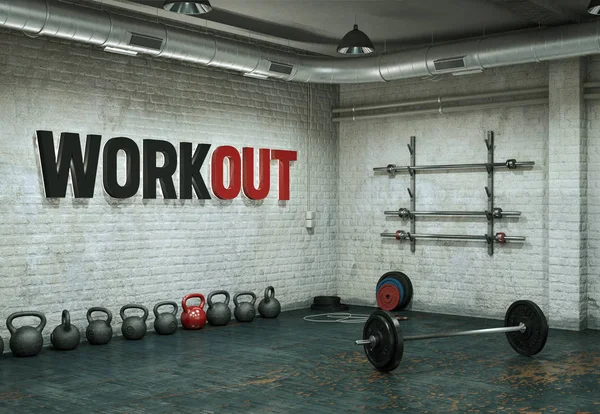 Barbell avec des plaques noires sur un plancher de gymnase — Photo