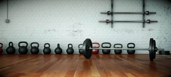 Egzersiz oda farklı ağırlık kaldırma ekipmanları halter, halter, kettlebell
