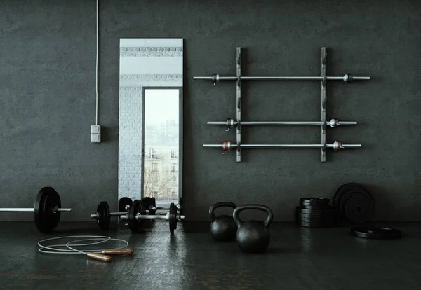 Egzersiz oda farklı ağırlık kaldırma ekipmanları halter, halter, kettlebell — Stok fotoğraf