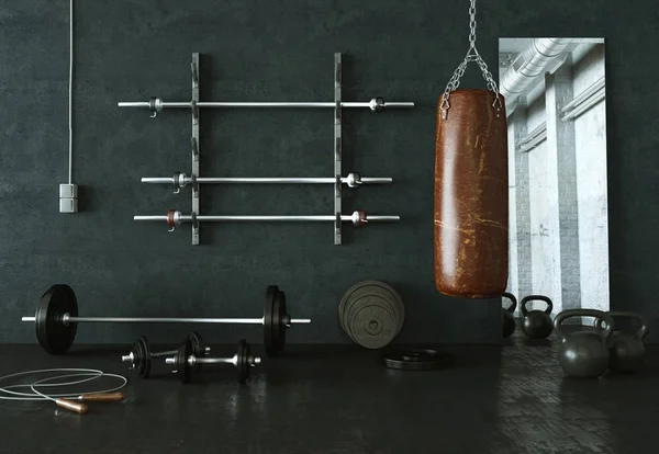 Salle d'entraînement avec haltère d'équipement de levage de poids différent, haltère, kettlebell — Photo