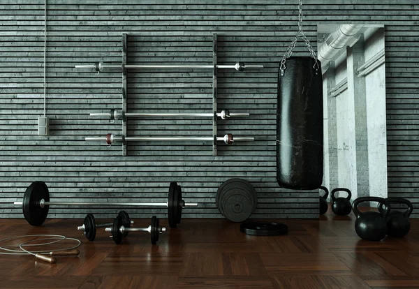 Egzersiz oda farklı ağırlık kaldırma ekipmanları halter, halter, kettlebell