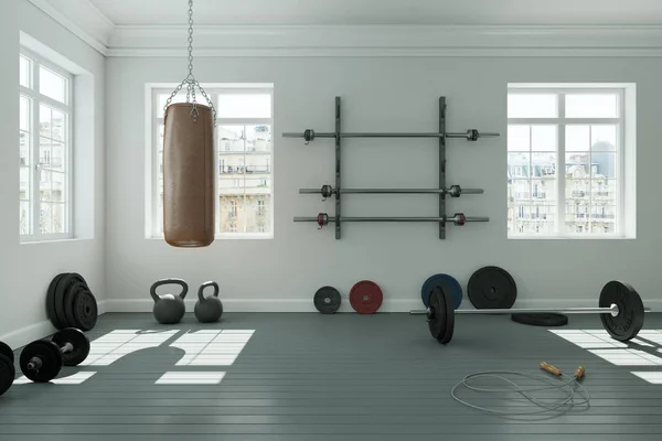 Training kamer met verschillende Weight Lifting Equipment halters, barbell, kettlebell — Stockfoto