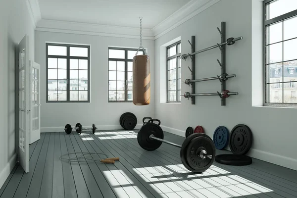 Training kamer met verschillende Weight Lifting Equipment halters, barbell, kettlebell — Stockfoto