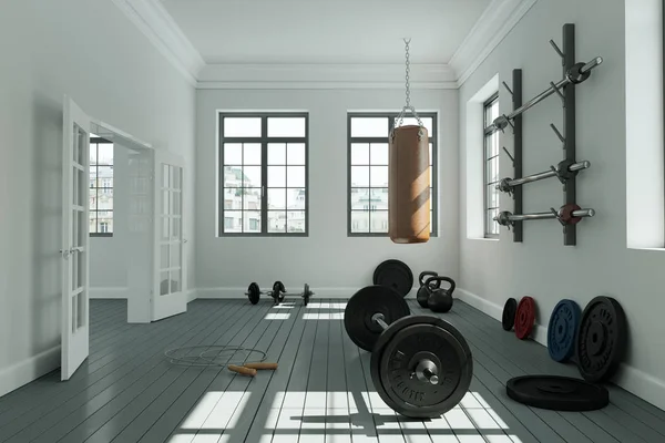 Egzersiz oda farklı ağırlık kaldırma ekipmanları halter, halter, kettlebell — Stok fotoğraf
