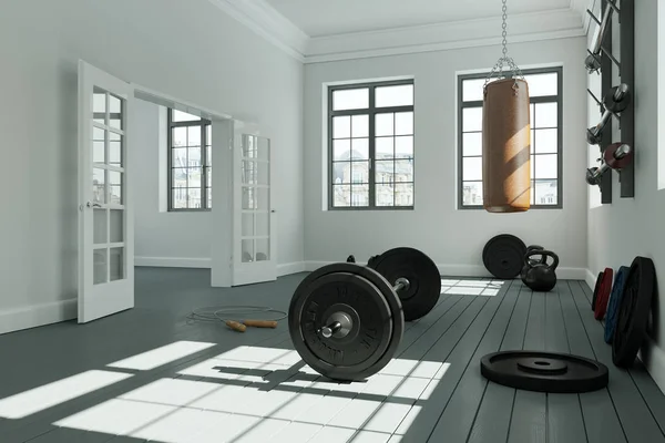 Salle d'entraînement avec haltère d'équipement de levage de poids différent, haltère, kettlebell — Photo