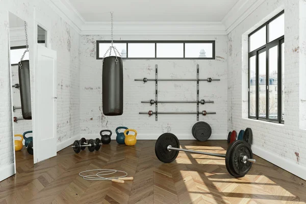 Salle d'entraînement avec haltère d'équipement de levage de poids différent, haltère, kettlebell — Photo