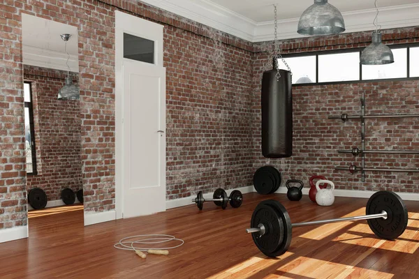 Sala de treino com diferentes equipamentos de levantamento de peso haltere, barra, kettlebell — Fotografia de Stock