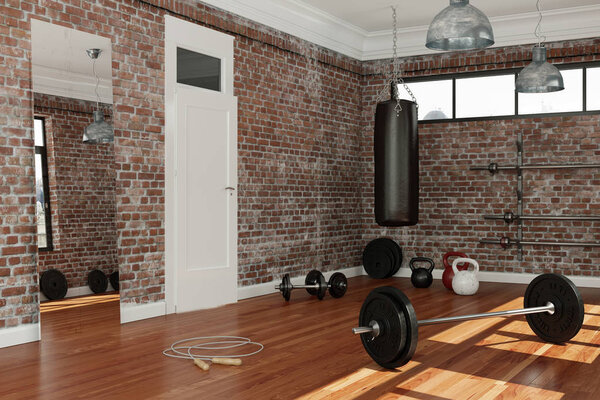 Workout Room with different Weight Lifting Equipment dumbbell, barbell, kettlebell