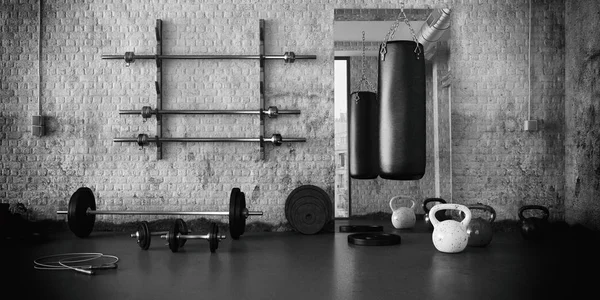 Sala de treino com diferentes equipamentos de levantamento de peso haltere, barra, kettlebell — Fotografia de Stock