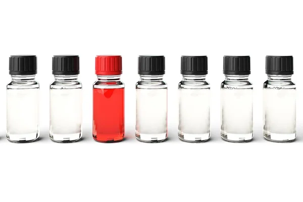 Řada z průhledného kapací lahvičky s jednou výjimkou červená — Stock fotografie
