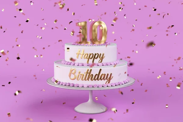 Bolo de aniversário com letras douradas e número 10 no topo — Fotografia de Stock