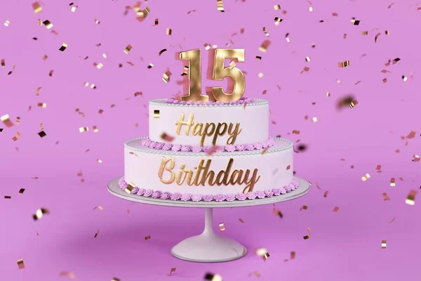 Bolo de aniversário com letras douradas e número 15 no topo — Fotografia de Stock