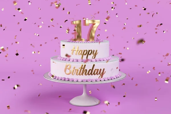 Bolo de aniversário com letras douradas e número 17 no topo — Fotografia de Stock