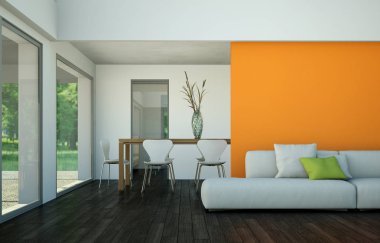 Modern çatı iç tasarım kanepe önünde portakal duvar ve yemek masası ile