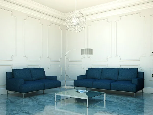 Moderno design de interiores sala de estar com sofás azuis — Fotografia de Stock