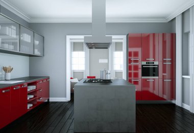 Kırmızı modern mutfak dekorasyon illüstrasyon